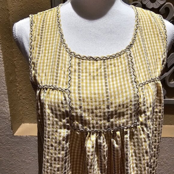 Max Studio Butter Yellow Gingham Baby doll Top S Embroidered Vintage Boho Tunic - Picture 7 of 10